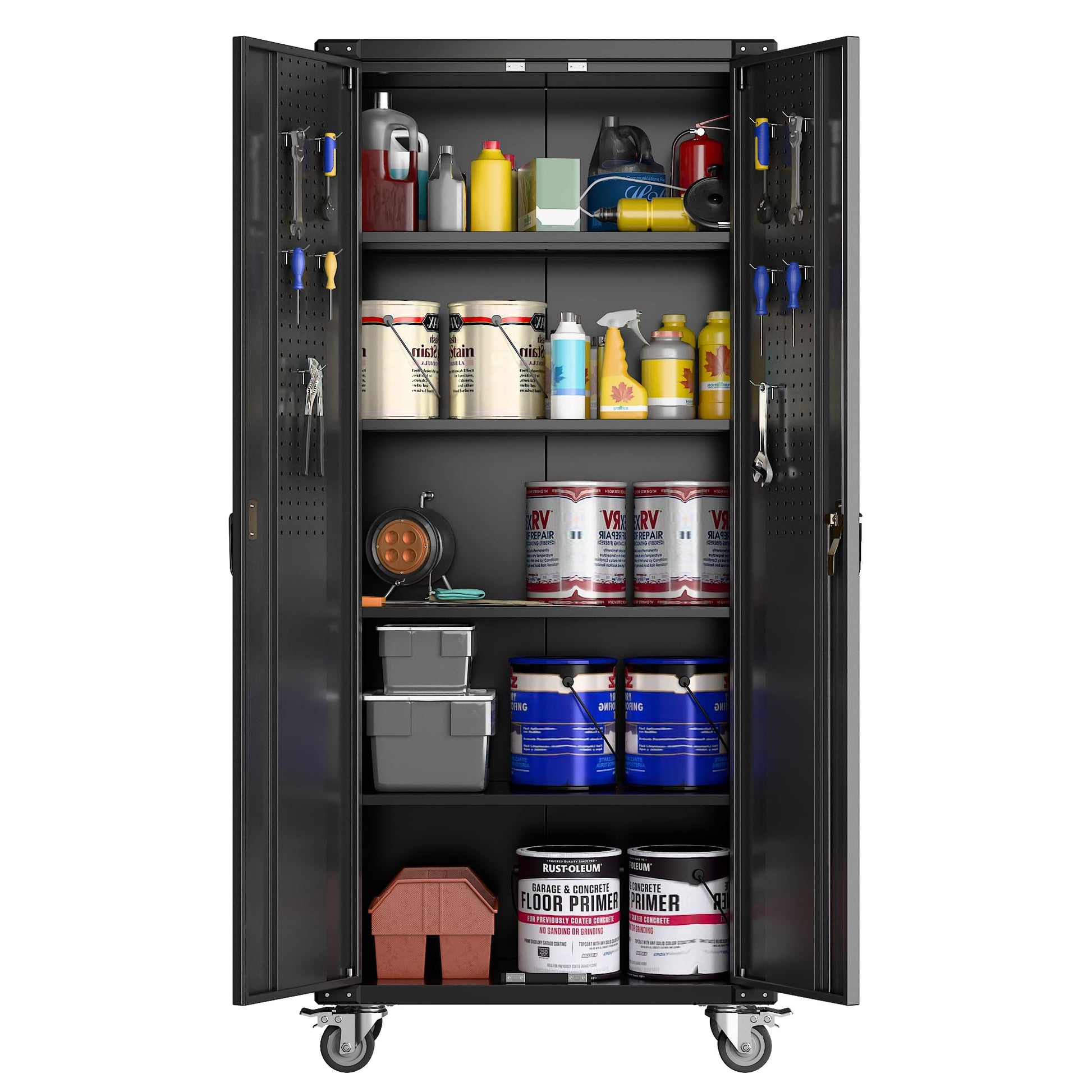 Garvee 72" Locking Rolling Cabinet with Pegboard Doors, 4 Adjustable Shelves, Heavy-Duty Cold-Rolled Steel, Lockable Wheels, Scratch-Resistant, Garage Workshop Storage, Black