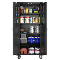 Garvee 72" Locking Rolling Cabinet with Pegboard Doors, 4 Adjustable Shelves, Heavy-Duty Cold-Rolled Steel, Lockable Wheels, Scratch-Resistant, Garage Workshop Storage, Black