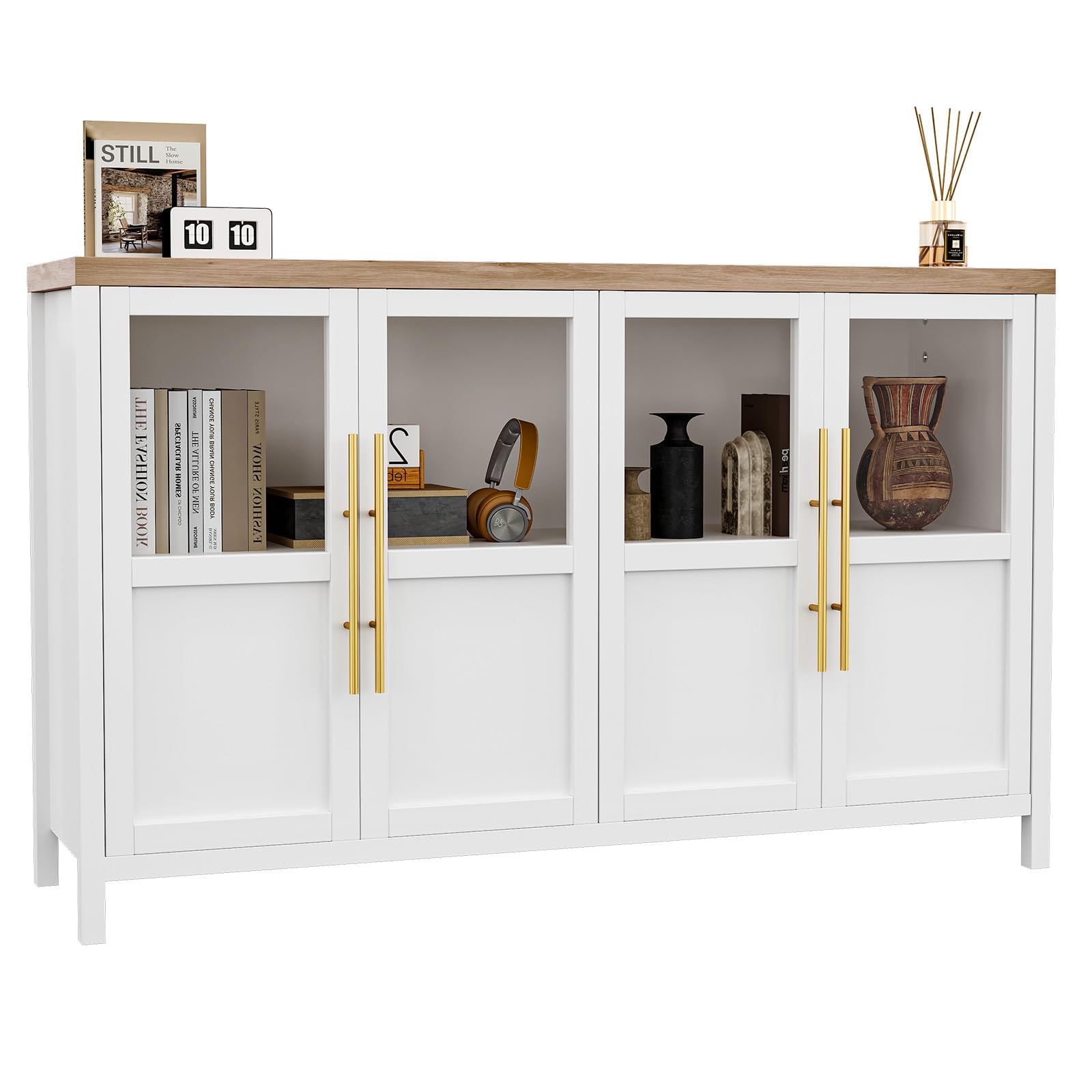 Garvee Sideboard Buffet Cabinet with 4 Glass Doors, 55" Large Buffet Cabinet with Storage, Modern Farmhouse Storage Cabinet Table for Kitchen Dining Room, Living Room , White