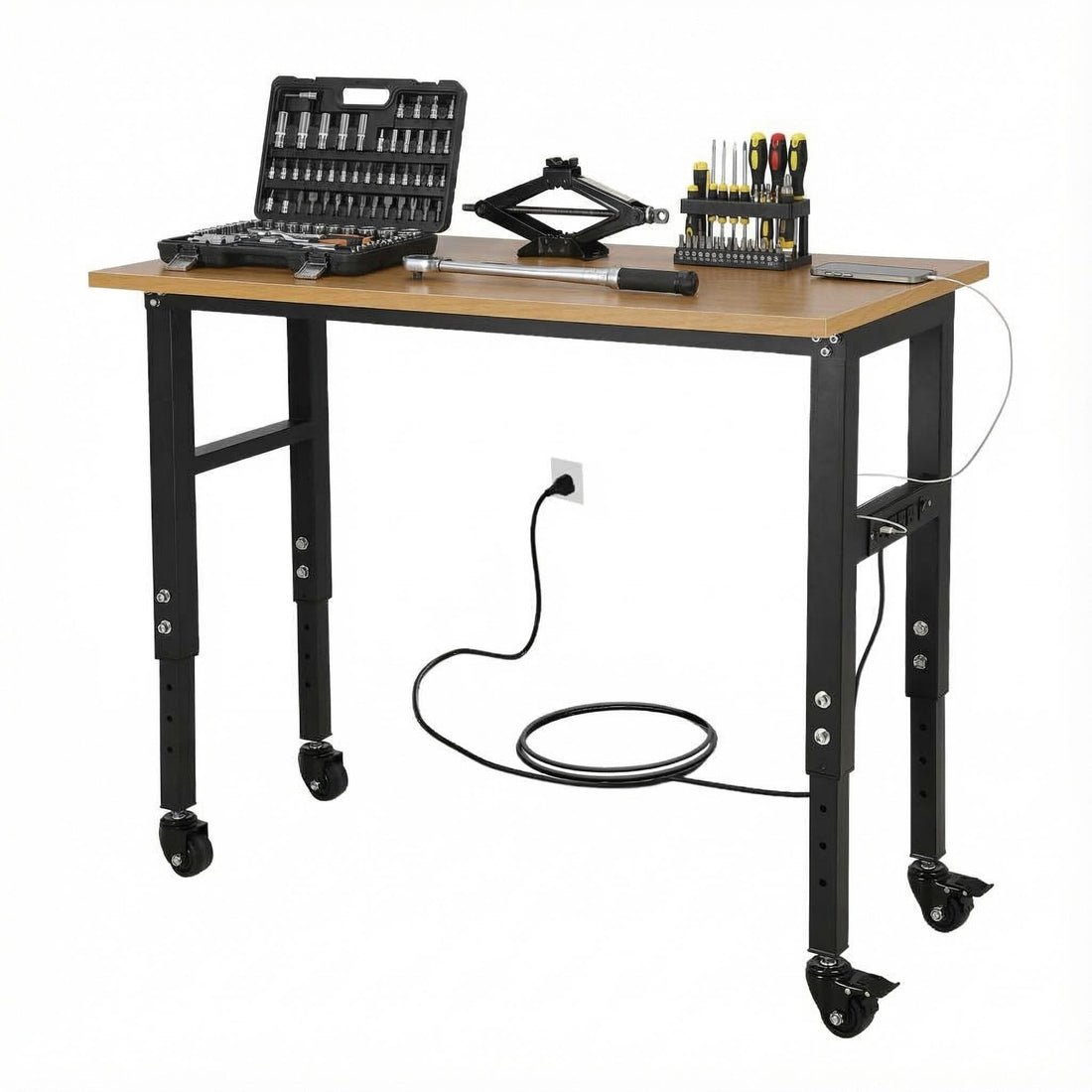 Garvee 48x24 Inch Adjustable Workbench - Heavy-Duty Work Table with Wheels, 5 Power Outlets, 2500 lbs Capacity, Metal Frame, and Wood Top for Garage, Home, and Office