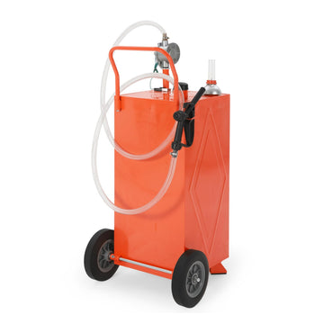 Garvee 35 Gallon Portable Fuel Gas Caddy Storage Tank – Reinforced 2-Wheel, 2-Support Design, Manual Rotary Pump, Fuel Hose, Wide Fill Neck, Level Gauge, Grounding Clamp – Mobile Gasoline/Fuel Transfer Tank for ATV, Tractor, Lawn Mower, Car, Boat –