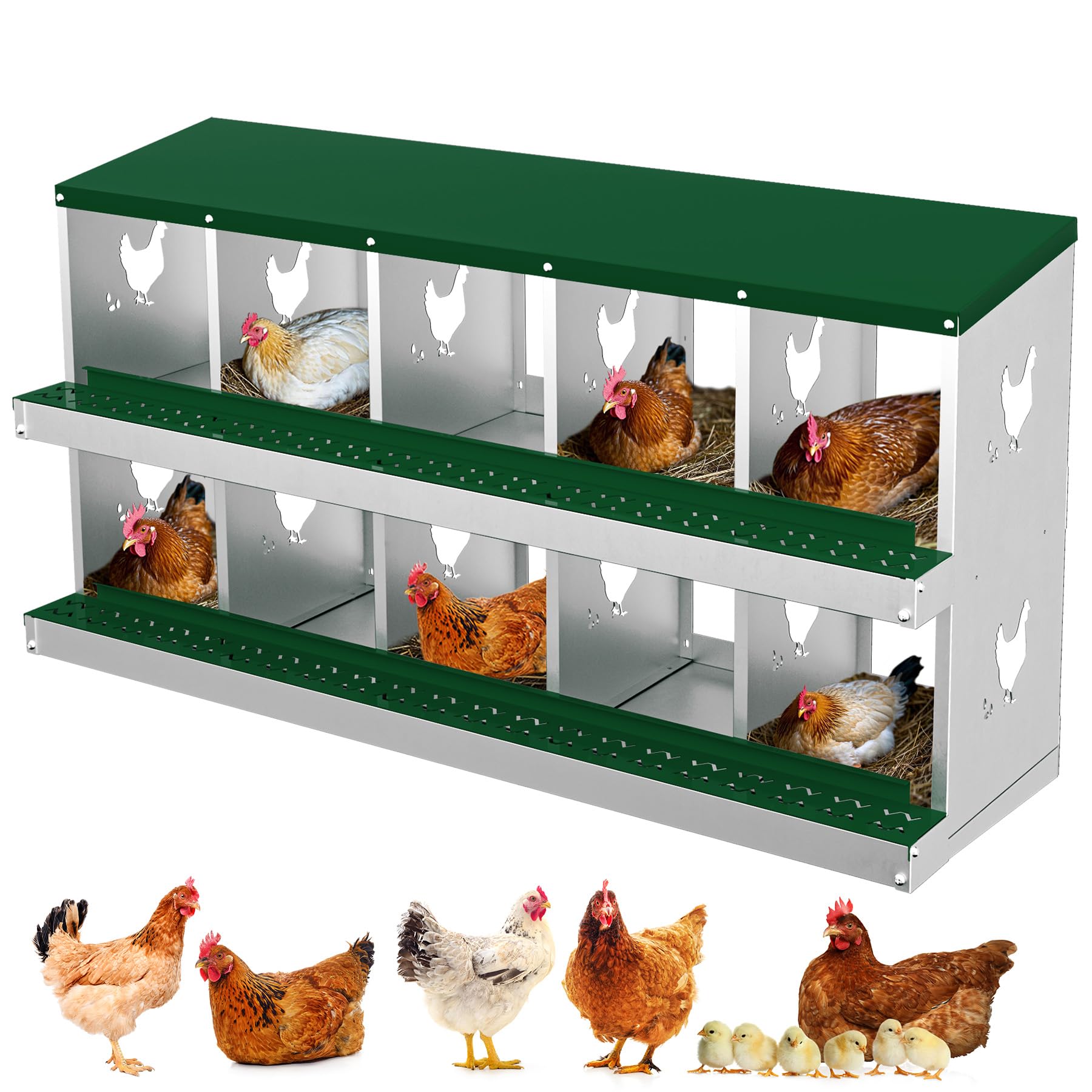 Garvee 10 Compartments Metal Chicken Nesting Boxes, Nesting Boxes, Chicken Laying Box with Roll Out Egg Collection with Vented Holes