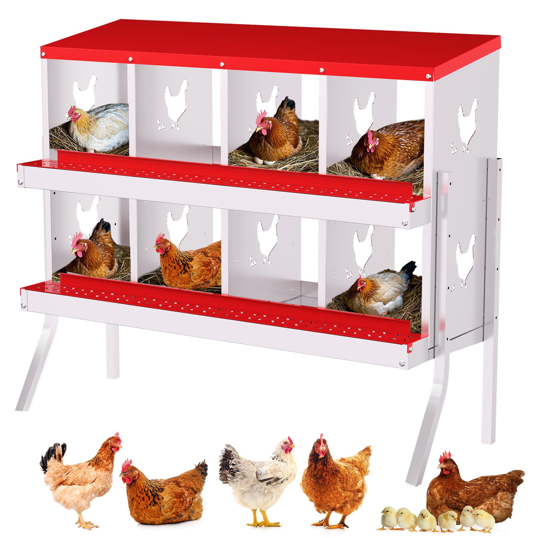 Garvee 8 Compartments Metal Chicken Nesting Boxes, Nesting Boxes with Metal Legs, Chicken Laying Box with Roll Out Egg Collection with Vented Holes