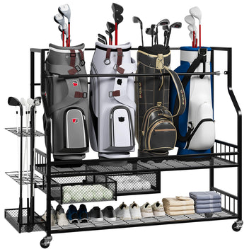 Garvee Golf Bag Storage Garage Organizer,Golf Bag Storage Rack w/Drawer for Golfing Bags, Clubs, Balls, Gadgets, Accessories & Equipment,Golf Bag Stand w/Wheels for Home, Golf Course