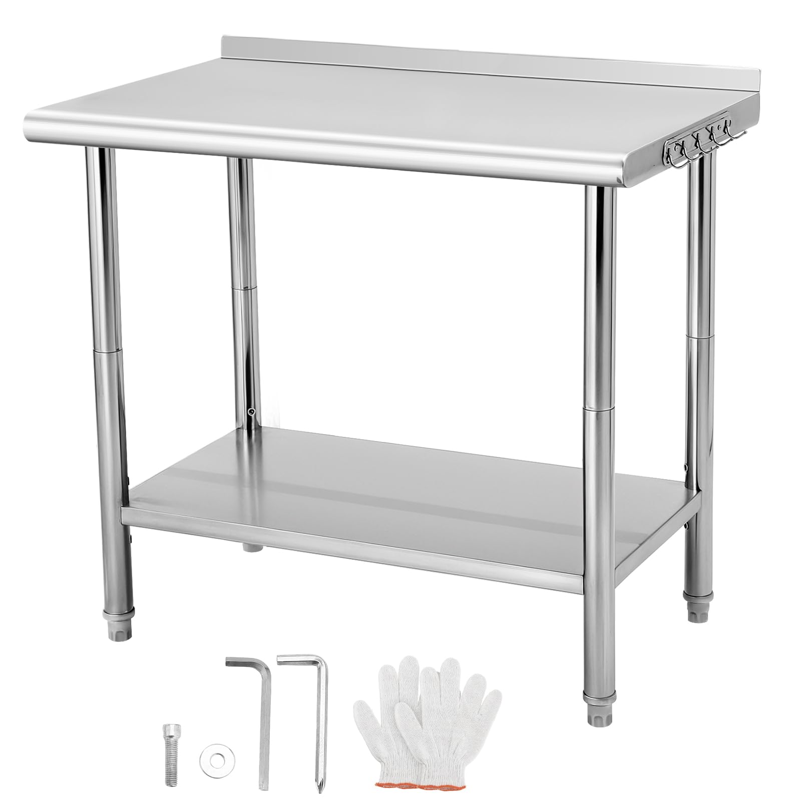 Garvee 36"L x 24"W x 35"H Stainless Steel Table for Prep & Work with Backsplash, Commercial Metal Kitchen Prep Table with Hooks and Adjustable Shelf, Heavy Duty Table for Home Garage Restaurant
