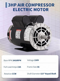 Garvee Ultra Quiet 3HP Air Compressor Motor, 230V Single Phase, 3450 RPM, 56 Frame, 5/8" Keyed Shaft, Copper-Clad Aluminum, Dual CW/CCW, Industrial Replacement