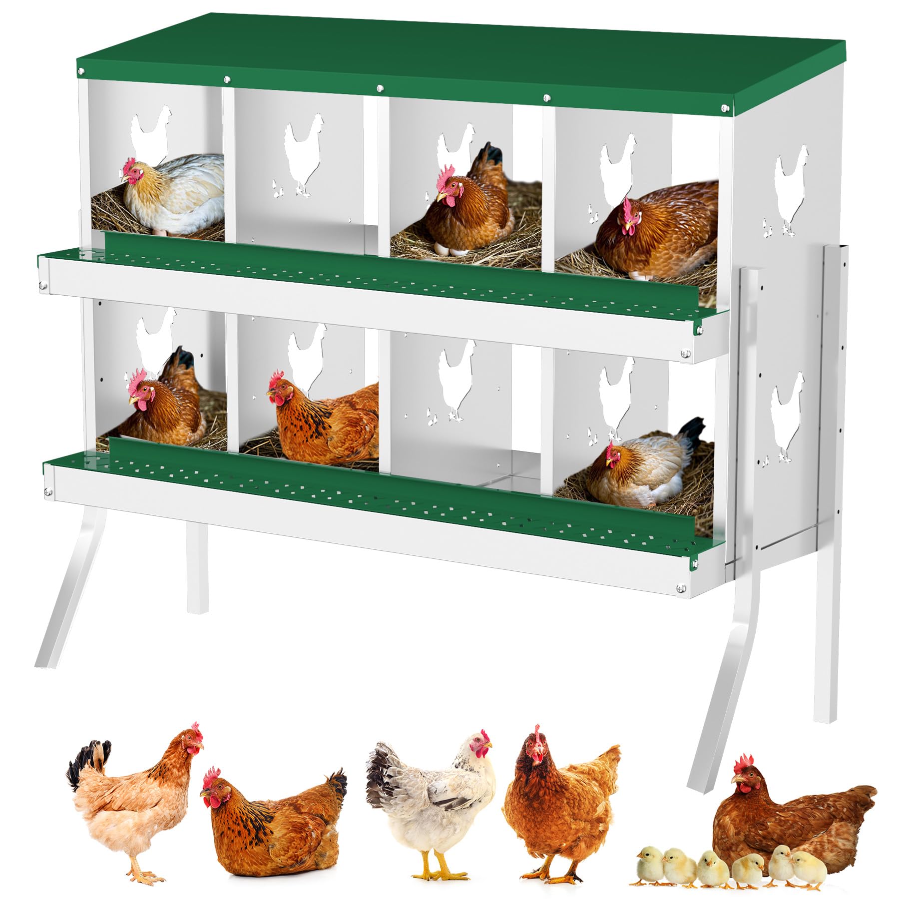 Garvee 8 Compartments Metal Chicken Nesting Boxes, Nesting Boxes with Metal Legs, Chicken Laying Box with Roll Out Egg Collection with Vented Holes