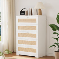 Garvee 5 Drawer Dresser Rattan Dresser, Tall Chest of Drawers, Wood Dresser for Bedroom, Closet, Living Room, Hallway