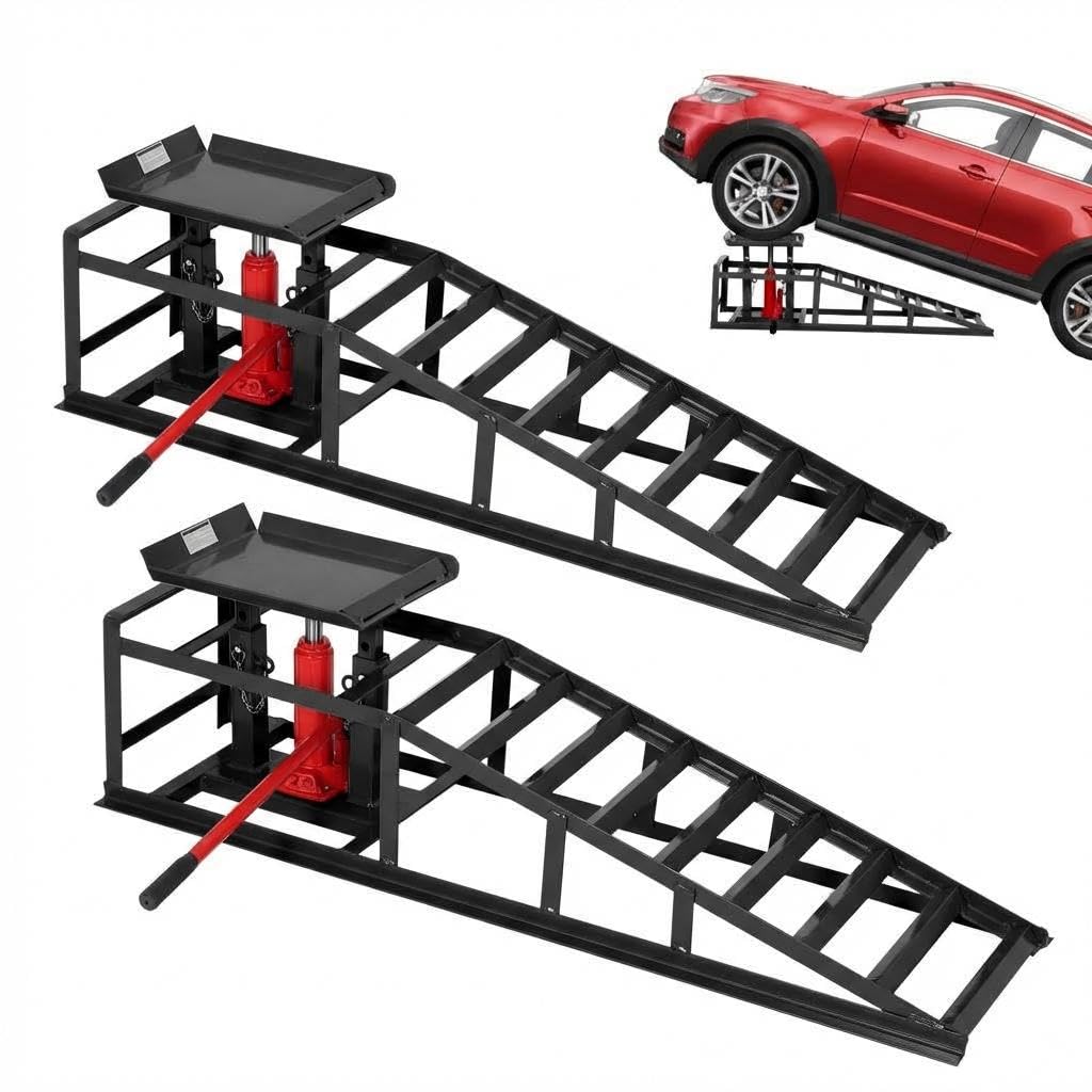 Garvee 2-Pack Hydraulic Car Ramps, 5T/11000 lbs Capacity Low-Profile Car Lift with Adjustable Height (9.4"-13.34") for Trucks, Trailers, and Auto Repair in Garage, Black