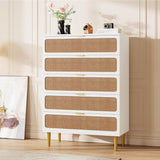 Garvee 5 Drawer Dresser for Bedroom, Rattan Chest of Drawers with Deep Drawers, Large Modern Double Dresser for Closet with Wide Top, Horizontal Wooden Dresser for Living Room, Hallway, Kids Room, Natural - White