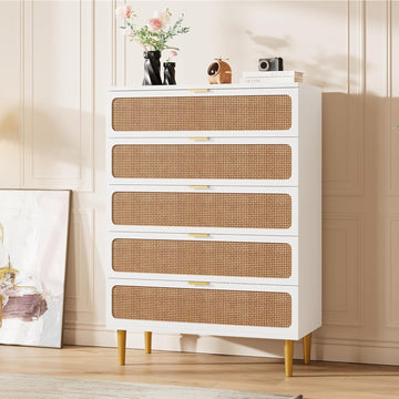 Garvee 5 Drawer Dresser for Bedroom, Rattan Chest of Drawers with Deep Drawers, Large Modern Double Dresser for Closet with Wide Top, Horizontal Wooden Dresser for Living Room, Hallway, Kids Room, Natural