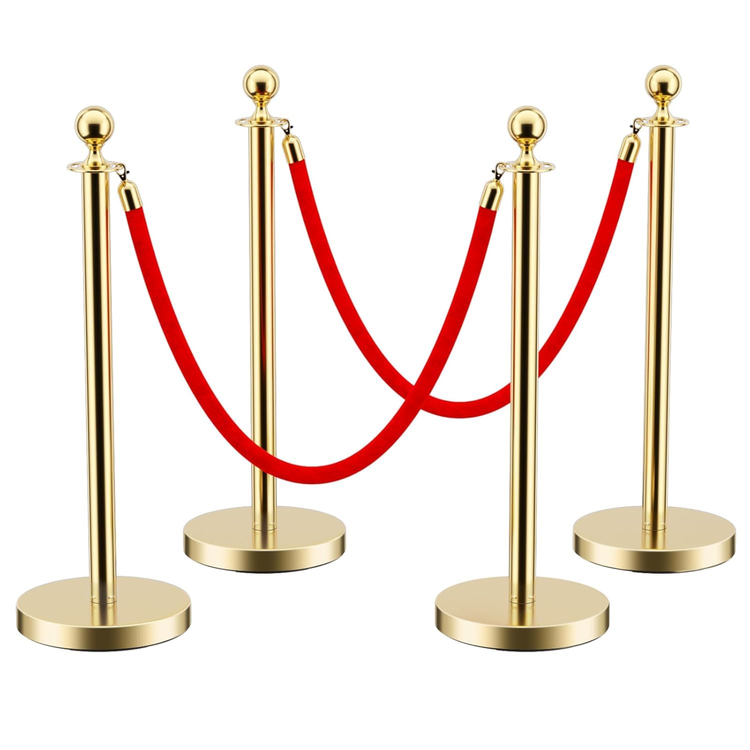 Garvee 4 Pcs Gold Stanchions Posts, Stainless Steel Stanchion with 6.6ft Red Velvet Rope, Crowd Control Barriers with Ball Top and Fillable Concrete Base for Party Supplies