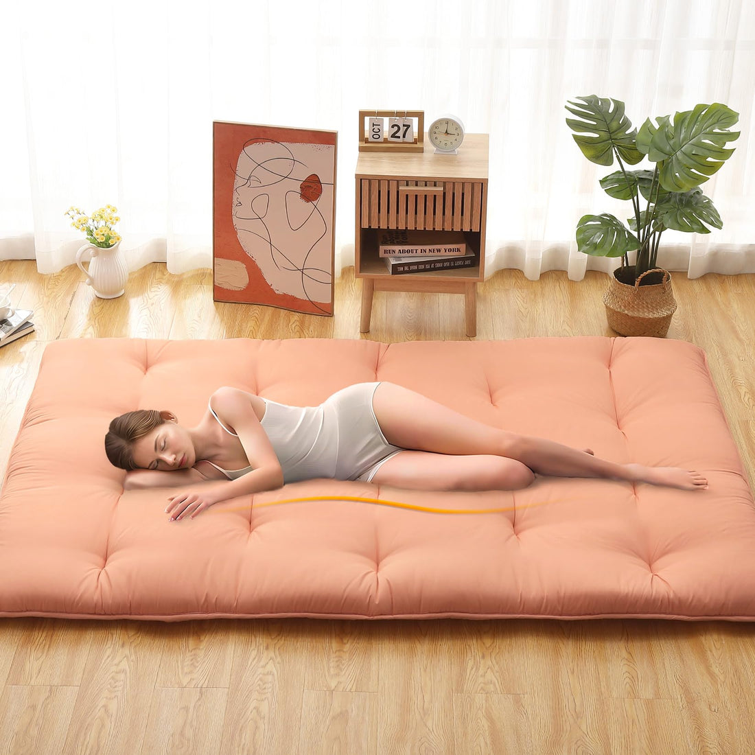 Garvee Japanese Futon Floor Mattress, Futon Mattress Full Size Foldable Floor Bed Mattress, Tatami Mat for House Guest Dorm Roll Up Sleeping Floor Mattress, Coral