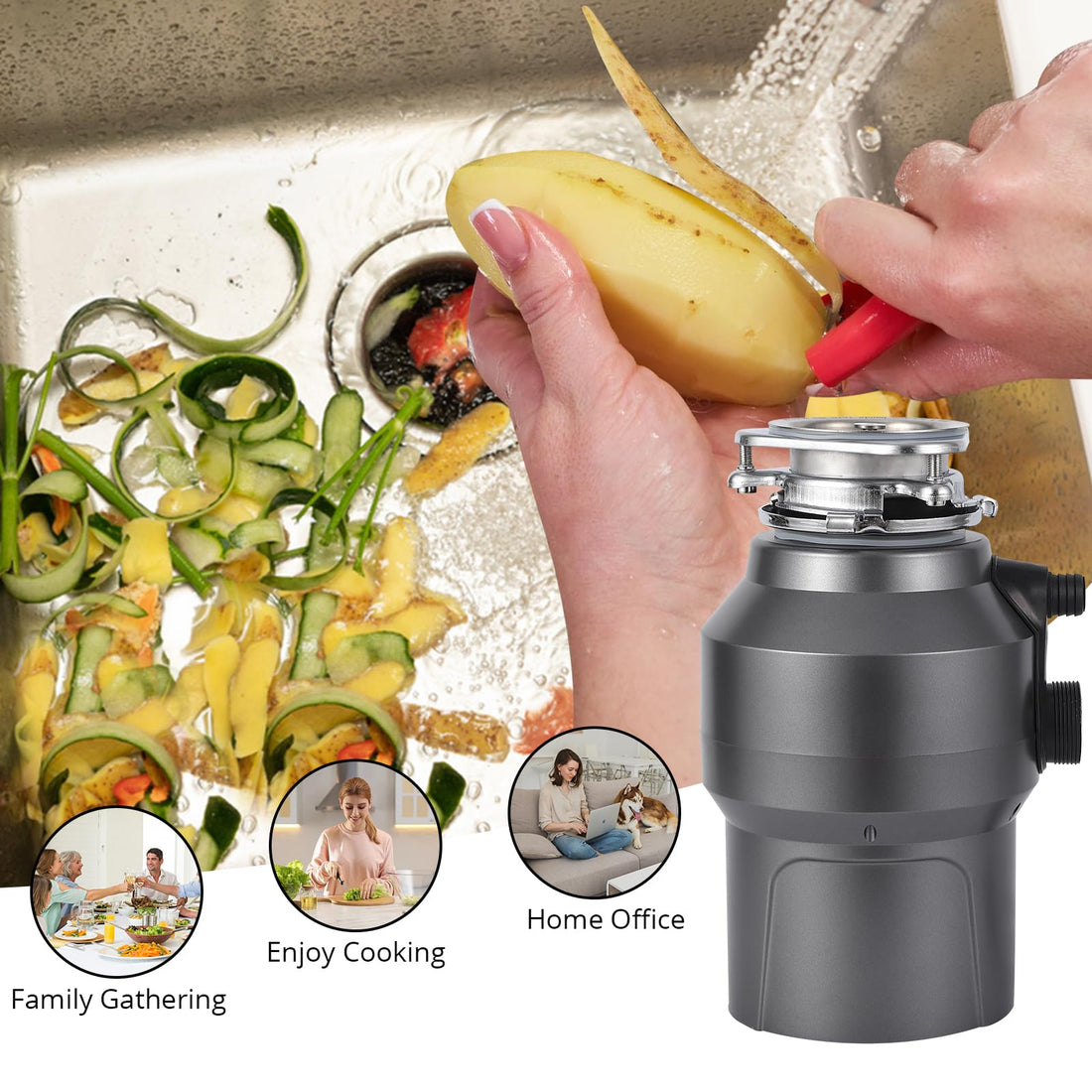 Garvee 1/2HP Garbage Disposal, 380W 110V Food Waste Grinding System for Kitchen Sinks, Continuous Feed Food Waste Disposer With 14 Inch Power Cord, 3500r/Min, wirelee Switches