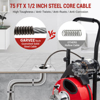 Garvee Auto Feed 75 FT x 1/2 Inch Drain Cleaner Machine with 250W Motor, Portable Sewer Snake Auger with 8 Cutters & Air-activated Foot Switch, Fits 1" to 4" Pipes, Black & Red