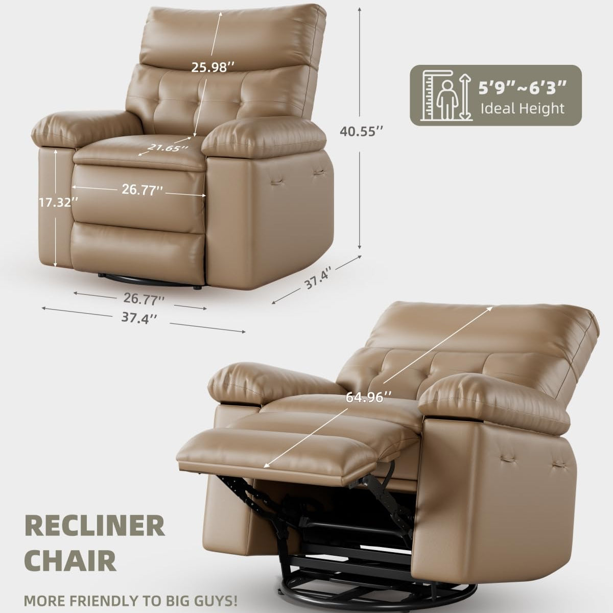 Recliner chair with beige leather upholstery, featuring a 30-degree rocking and gliding feature, and 360-degree swivel capability.