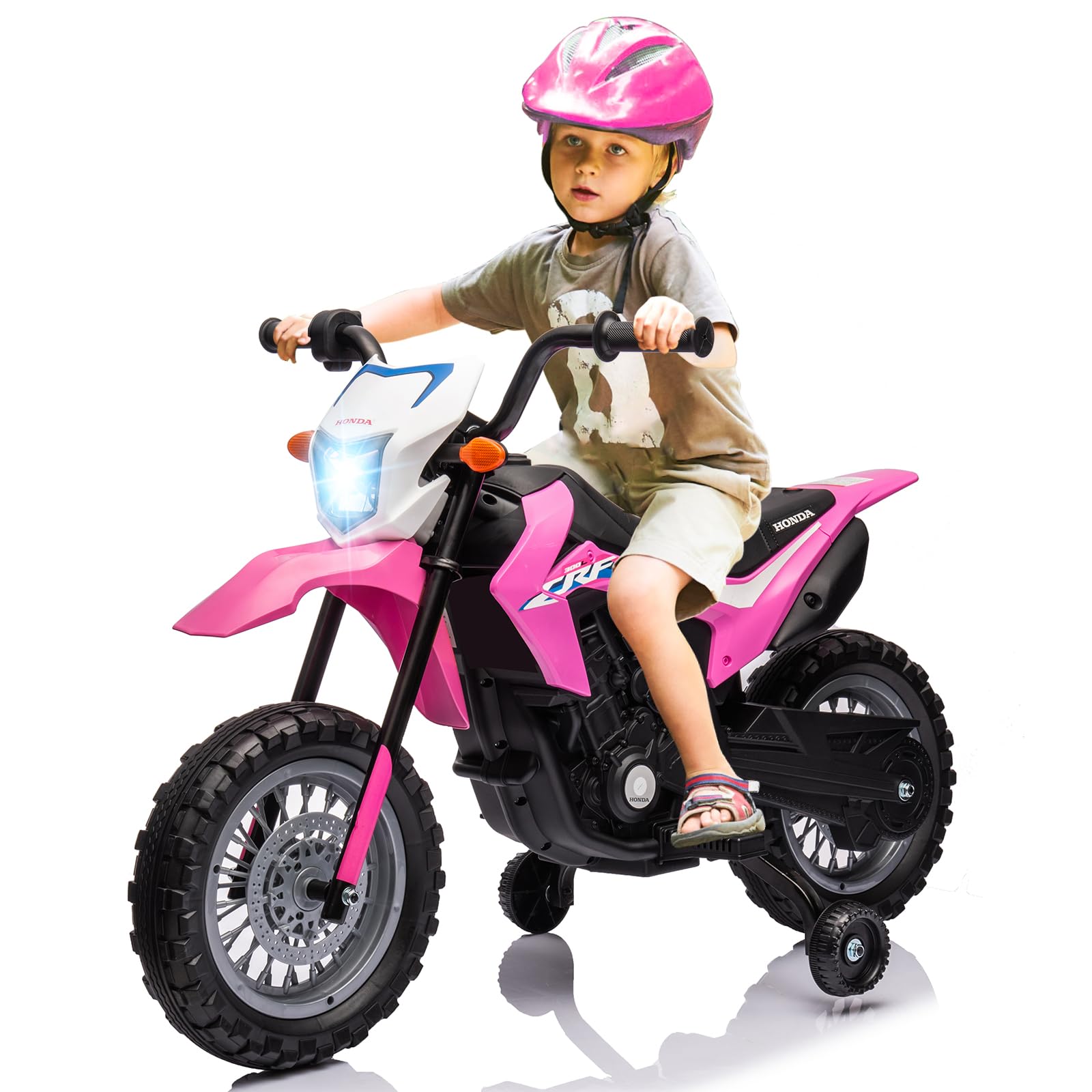 Garvee Ride - P Series: Kids Electric Ride on Motorcycle, Licensed Honda Battery Powered Motorbike Toy, with Training Wheels, Rechargeable Battery, Headlight, Engine Sounds, for Children Girls Boys - Pink