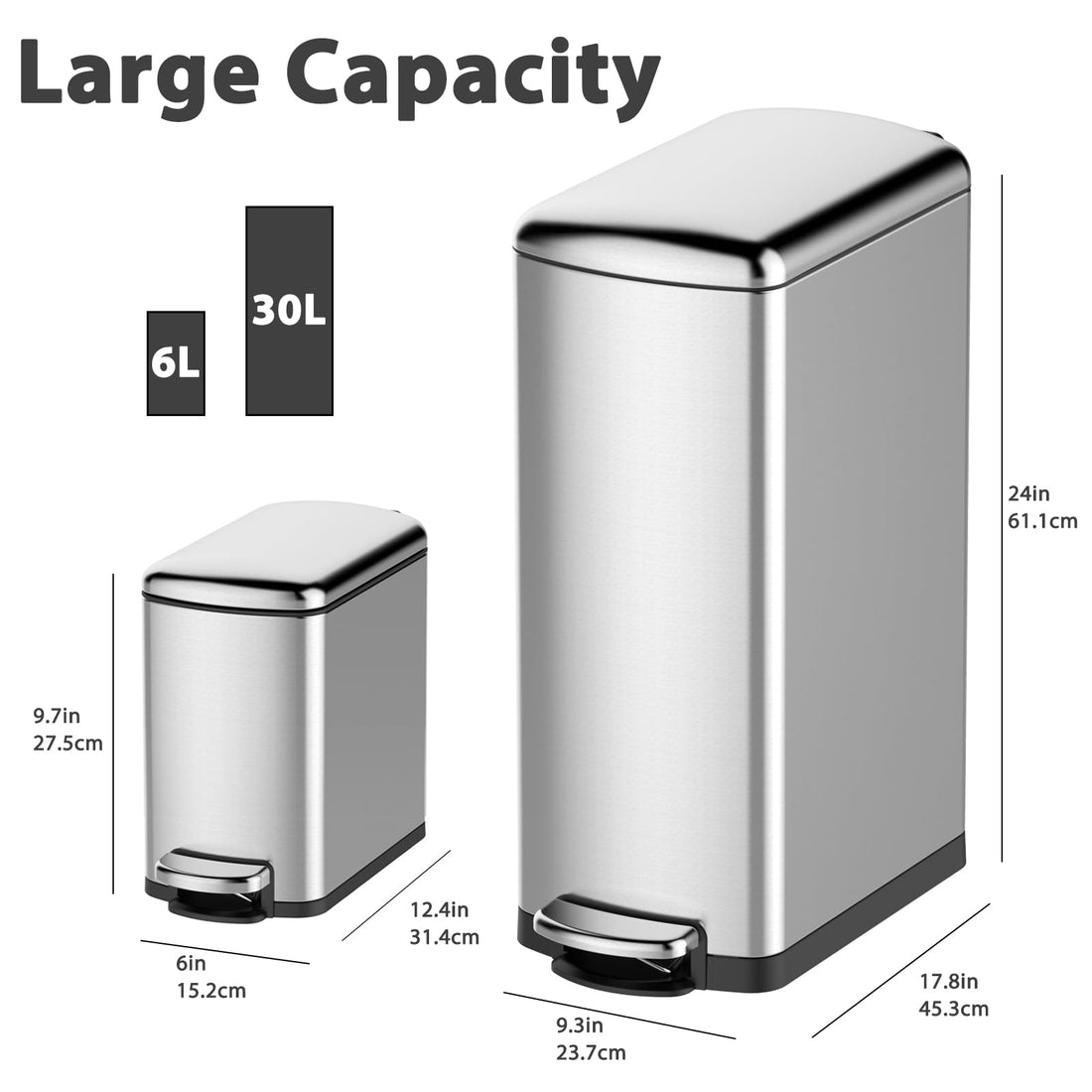 Trash Can Set, 7.9 Gallon & 1.6 Gallon Rectangular Kitchen Waste Bins, Stainless Steel with Soft-Close Lid & Step-On Pedal, 30L & 6L for Kitchen & Bathroom