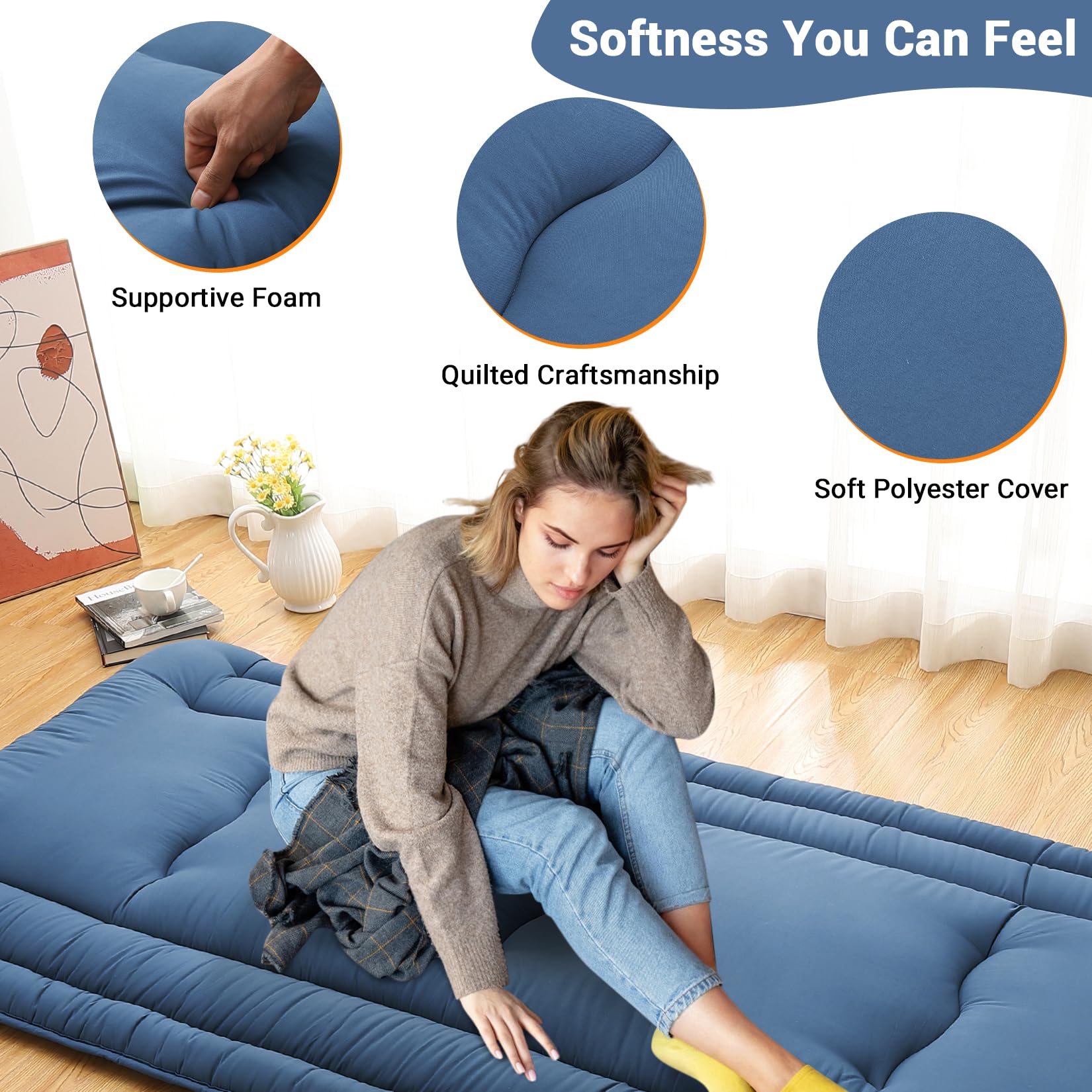 Garvee Futon Mattress Japanese Floor Mattress Full Size, Roll Up Sleeping Mattress for Floor, Japanese Style Floor Bed Foldable Floor Mattress Tatami Mat for Camping Travel, Navy Blue