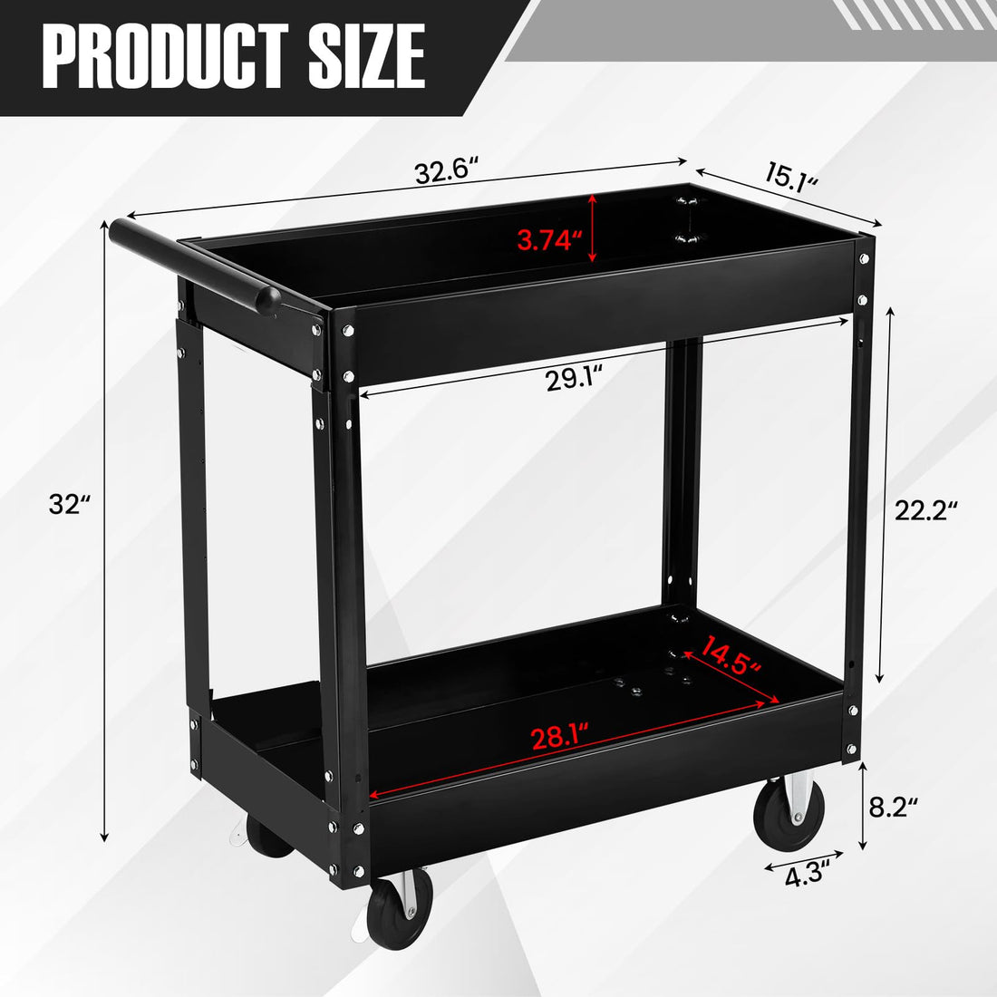 Garvee 2 Tier Rolling Tool Cart,330 Lbs Metal Heavy Duty Utility Cart On Wheels,2 Shelf Steel Utility Cart, Tool Storage Organizer for Mechanic, Garage, Workshop, Warehouse & Repair Shop