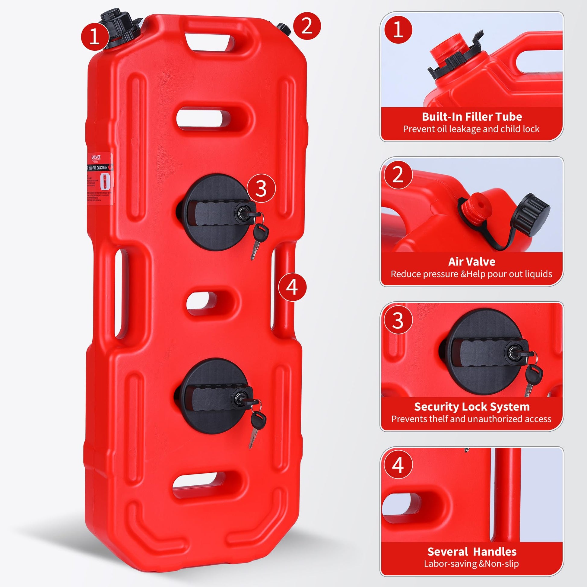 Garvee Heavy-Duty 20L Portable Gas Can for Car, Motorcycle, ATV, UTV – HDPE Fuel Tank with Locking Mounting Bracket, Key Lock, U-Bolt for 1" Tube – Off-Road, US Market, Lockable