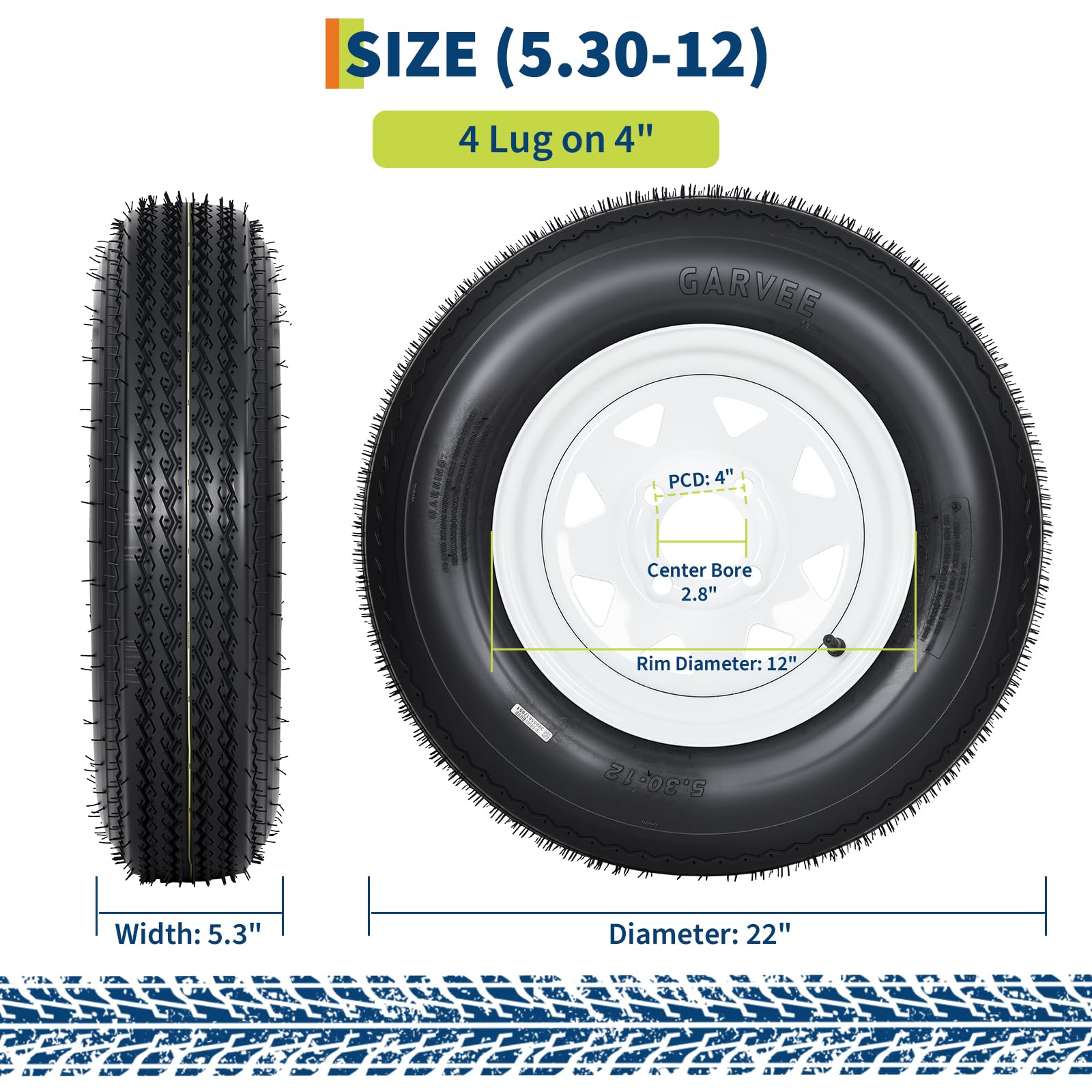 Garvee 5.30-12 Trailer Tire and Wheel Assembly, Heavy-Duty Load Range C 6PR, 12 Inch White Modular Wheel for Utility Boat Camper Trailers, Set of 2
