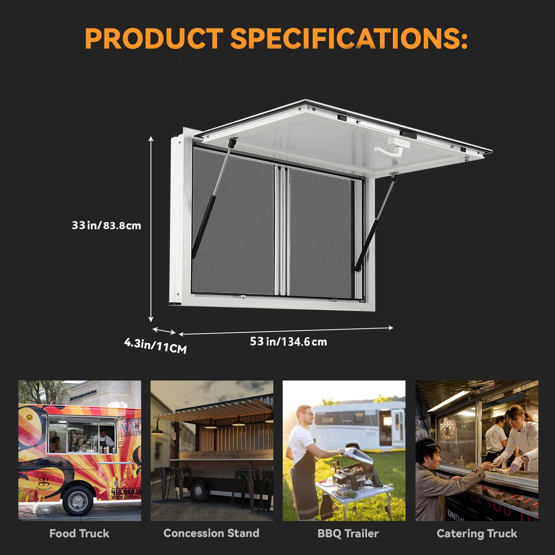 Garvee Concession Window 53" W x 33" H, Food Truck Service Window with 2 Horizontal Sliding Screen Windows & Awning Door, Aluminum Alloy Serving Window for Food Trucks  (Glass Not Included)