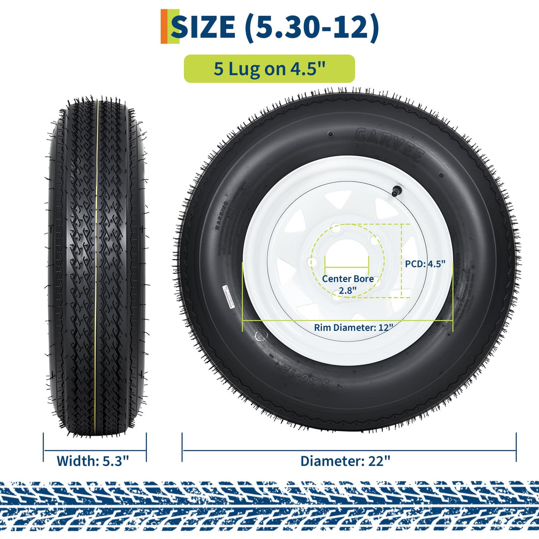 Garvee 5.30-12 Trailer Tire and Wheel Assembly, Heavy-Duty Load Range C 6PR, 12 Inch White Modular Wheel for Utility Boat Camper Trailers, Set of 2