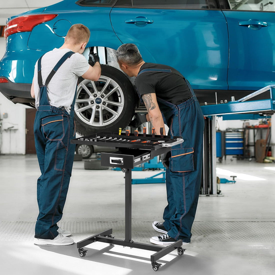 Garvee Rolling Work Table, Heavy Duty Steel Adjustable Mobile Workbench with Wheels, 35-45" Height, for Garage & Workshop, Black