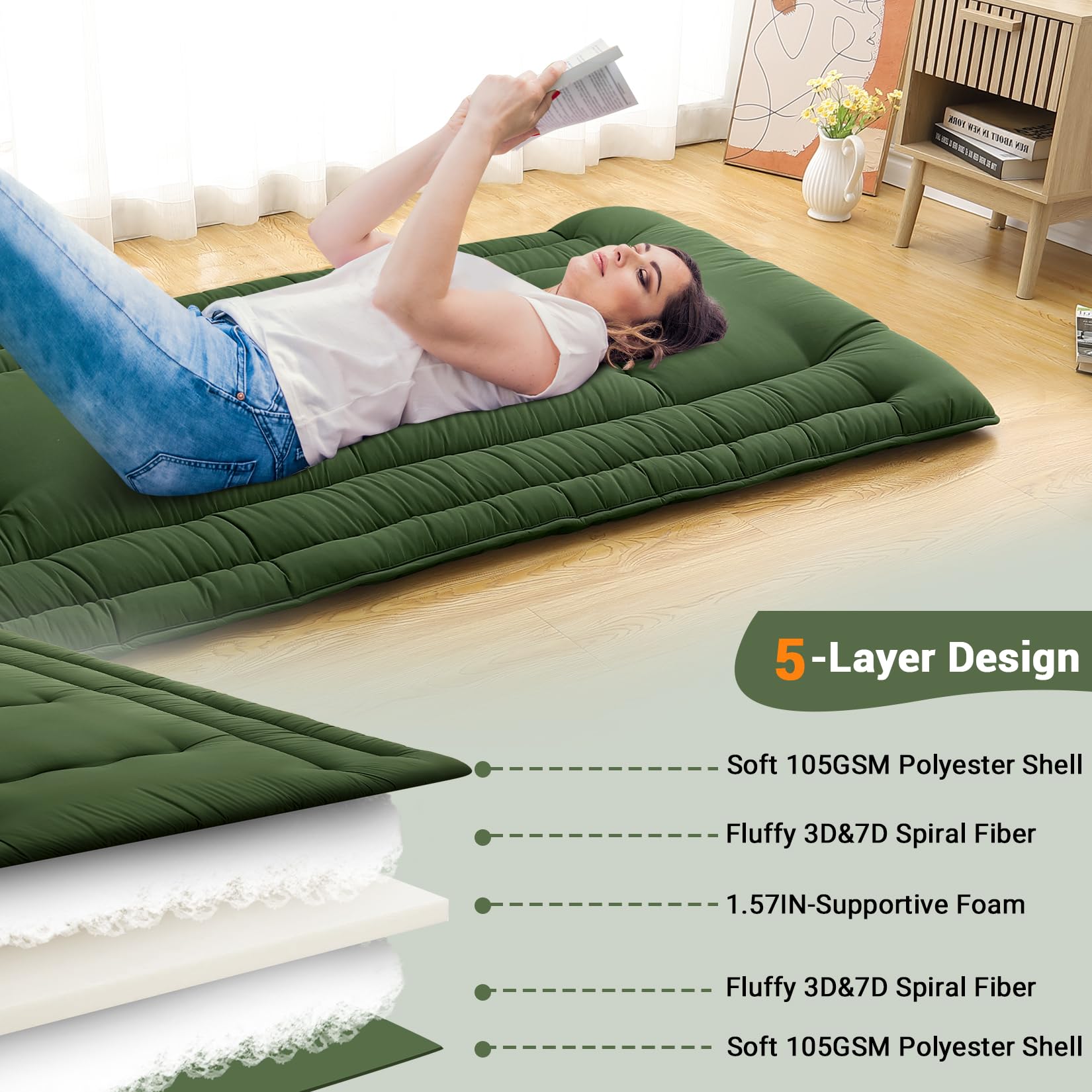 Garvee Futon Mattress Twin Size, Japanese Floor Mattress Foldable Tatami Mat, Roll Up Floor Bed Mattress Kids Floor Play Mat, Japanese Floor Bed for Dorm House Guest, Army Green