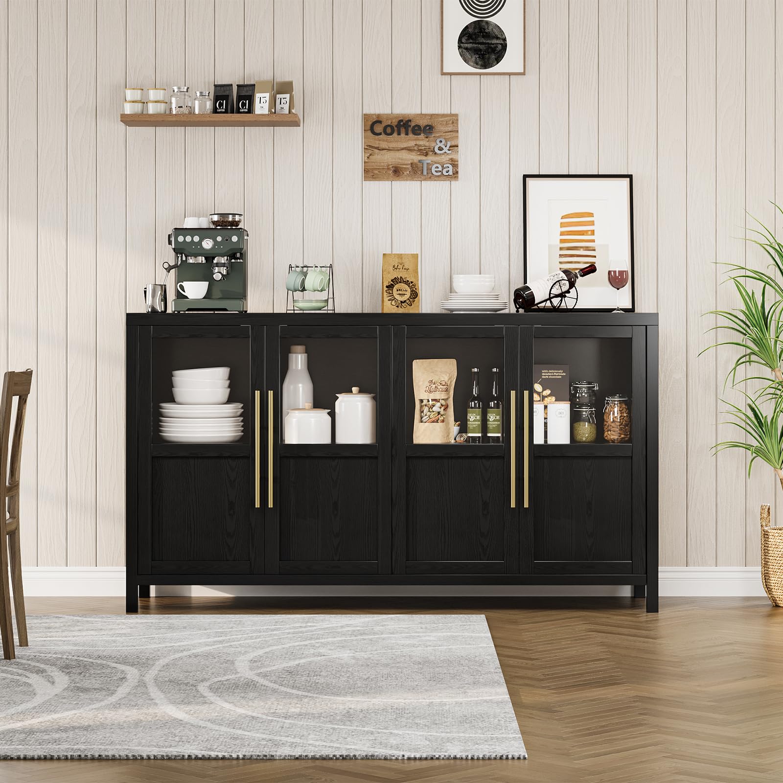 Garvee Sideboard Buffet Cabinet with 4 Glass Doors, 55" Large Buffet Cabinet with Storage, Modern Farmhouse Storage Cabinet Table for Kitchen Dining Room, Living Room, Black