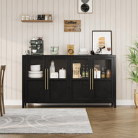 Garvee Sideboard Buffet Cabinet with 4 Glass Doors, 55" Large Buffet Cabinet with Storage, Modern Farmhouse Storage Cabinet Table for Kitchen Dining Room, Living Room, Black