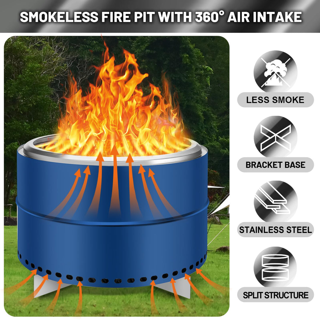 Garvee 27 Inch Portable Smokeless Firepit with Stand, Bonfire Wood Burning Fire Pit for Camping & Picnic Outside, Stainless Steel Large Fire Pit with Carry Bag, Split Structure