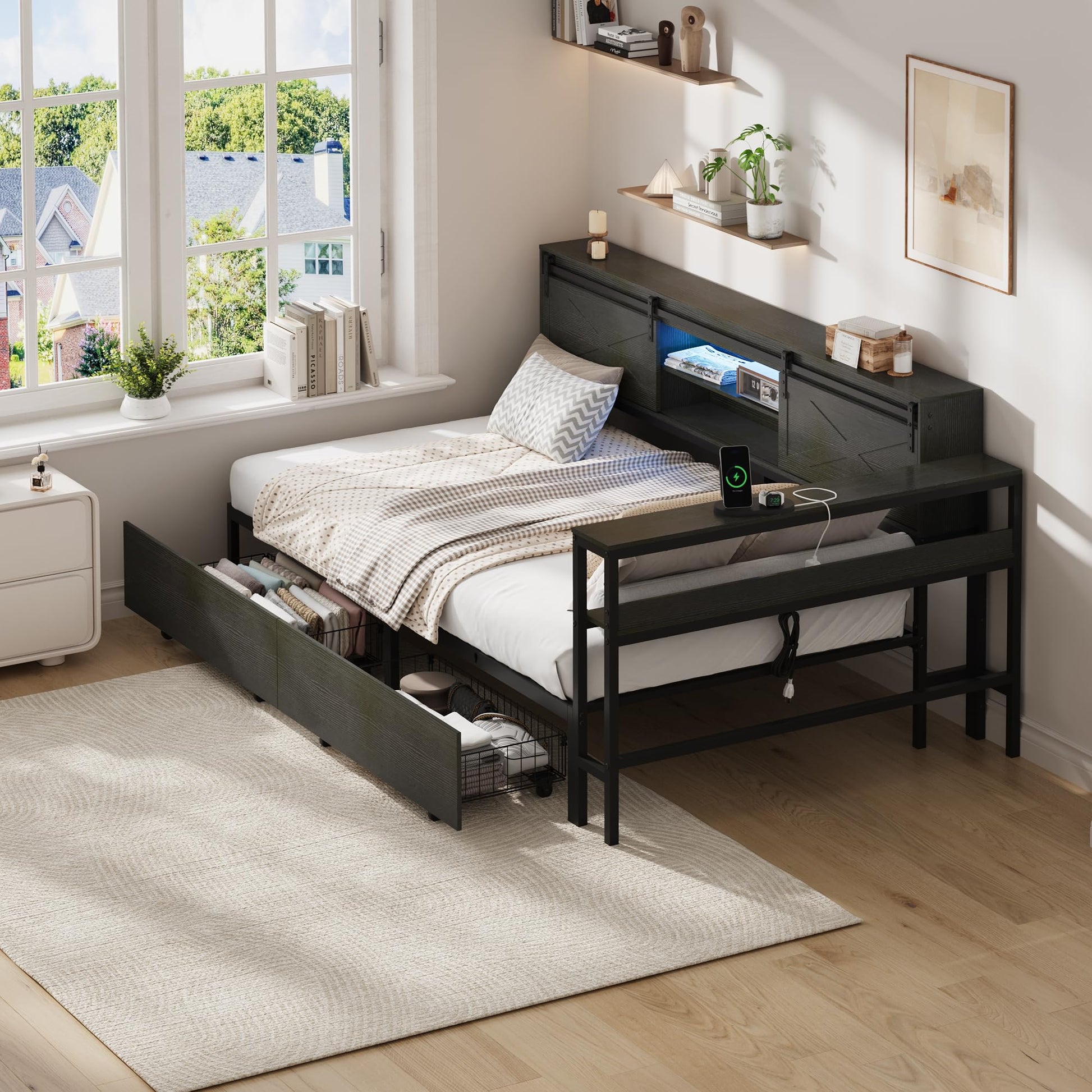 Garvee Twin Size Corner Bed Frame with 2 Storage Drawers, Charging Station and RGB LED Lights, Metal Platform Bed Frame with Desk and Bookcase Headboard for Kids Teens Guests