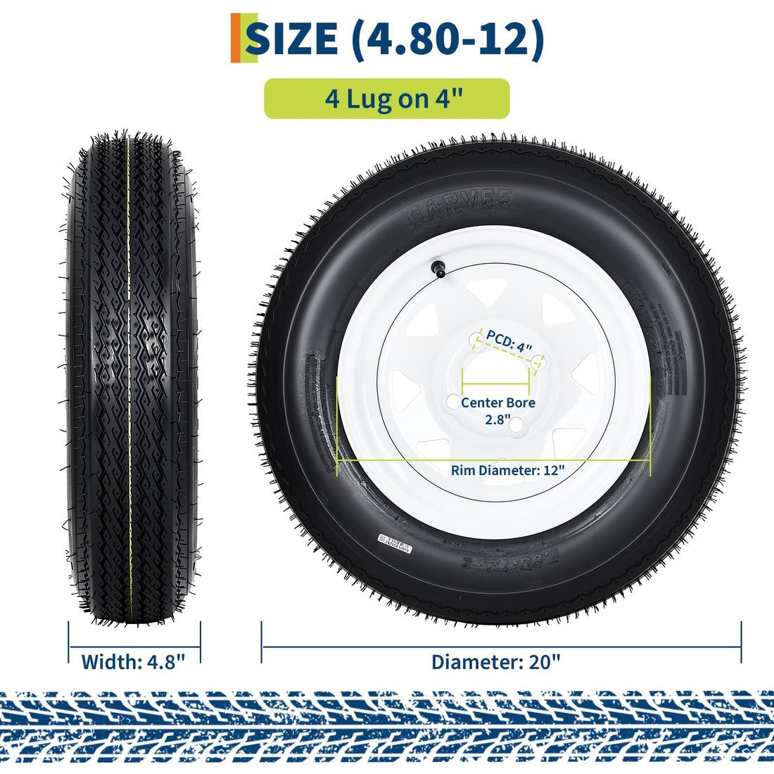 Garvee 4.80-12 Trailer Tire and Wheel Assembly, Heavy-Duty Load Range C 6PR, 12 Inch White Modular Wheel for Utility Boat Camper Trailers, Set of 2