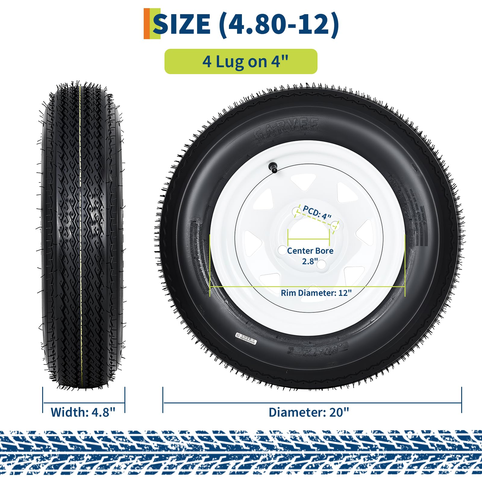 Garvee 4.80-12 Trailer Tire and Wheel Assembly, Heavy-Duty Load Range C 6PR, 12 Inch White Modular Wheel for Utility Boat Camper Trailers, Set of 2