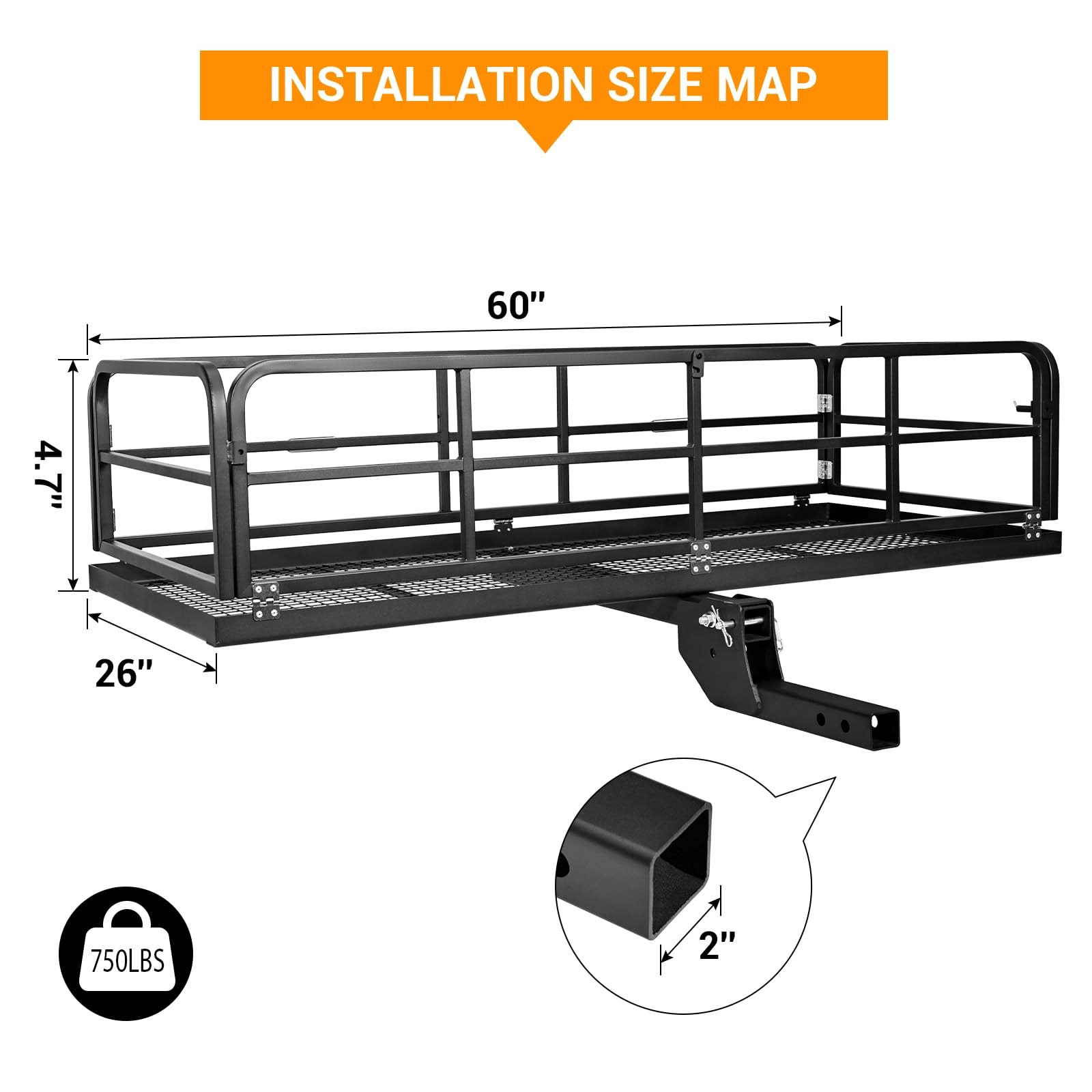Garvee Hitch-Mounted Cargo Basket, 750 Lbs Capacity Vehicle Cargo Carrier Fit 2" Receiver with High Side Rails Fits 2" Receiver Stabilizer for Suv, Rv, Truck, Trailer, Pickup