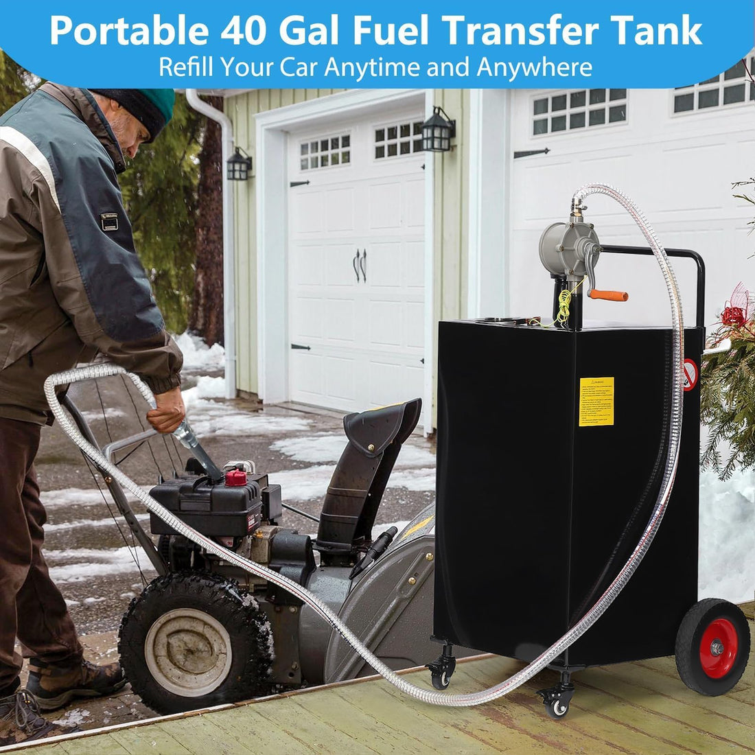 Garvee 40-Gallon Fuel Caddy - Portable Polyethylene Gasoline and Diesel Tank with Manual Rotary Pump, 360° Swivel Connector, 4 Wheels, and Side Hook for Cars and Boats, Black
