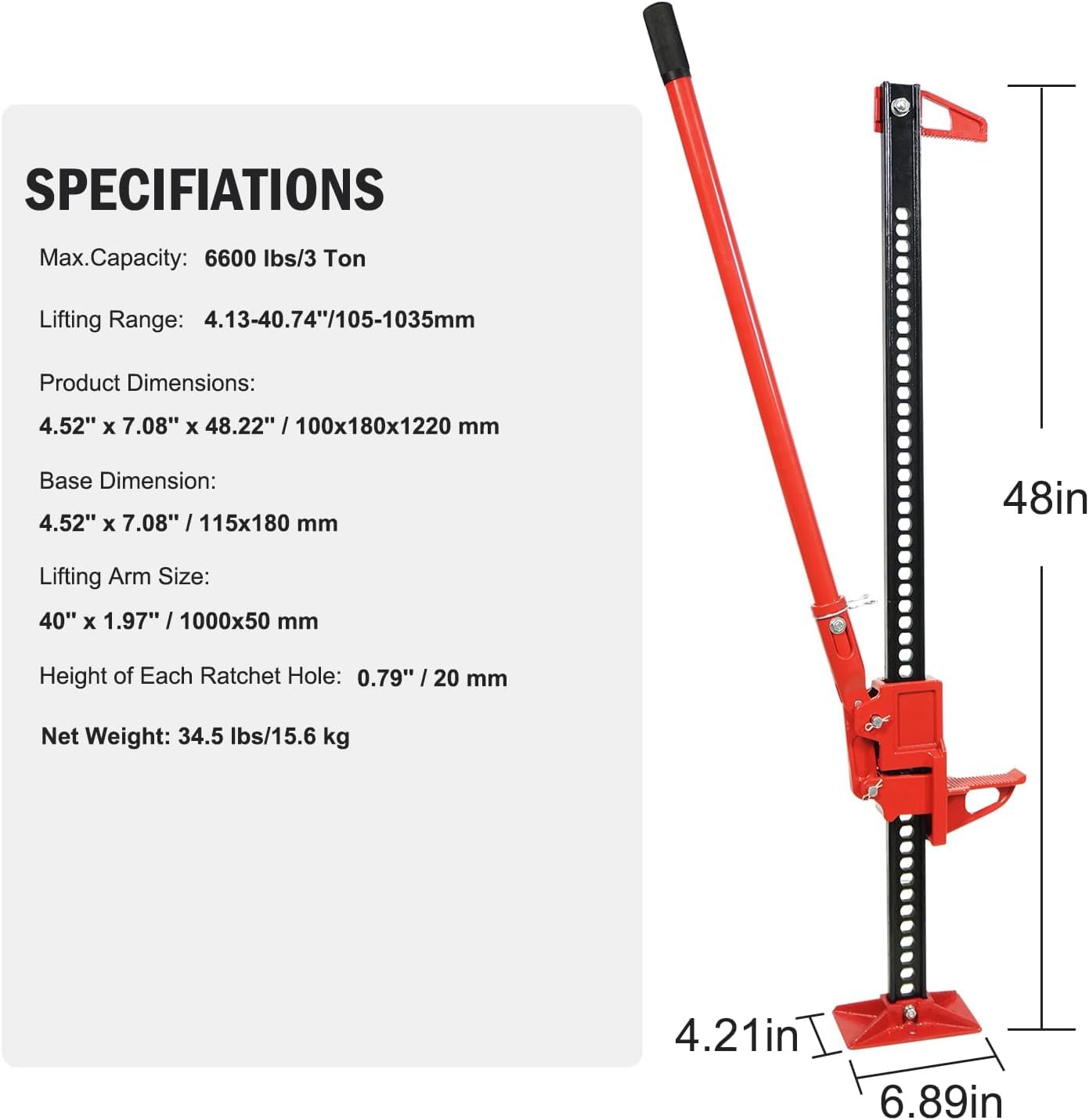 Garvee Farm Jack 48 Inch Heavy-Duty 6600 lbs Load Capacity, Steel & Cast Iron, Serrated Stable Base for Off-Road Vehicles, Tractor, SUV, and Farm Use