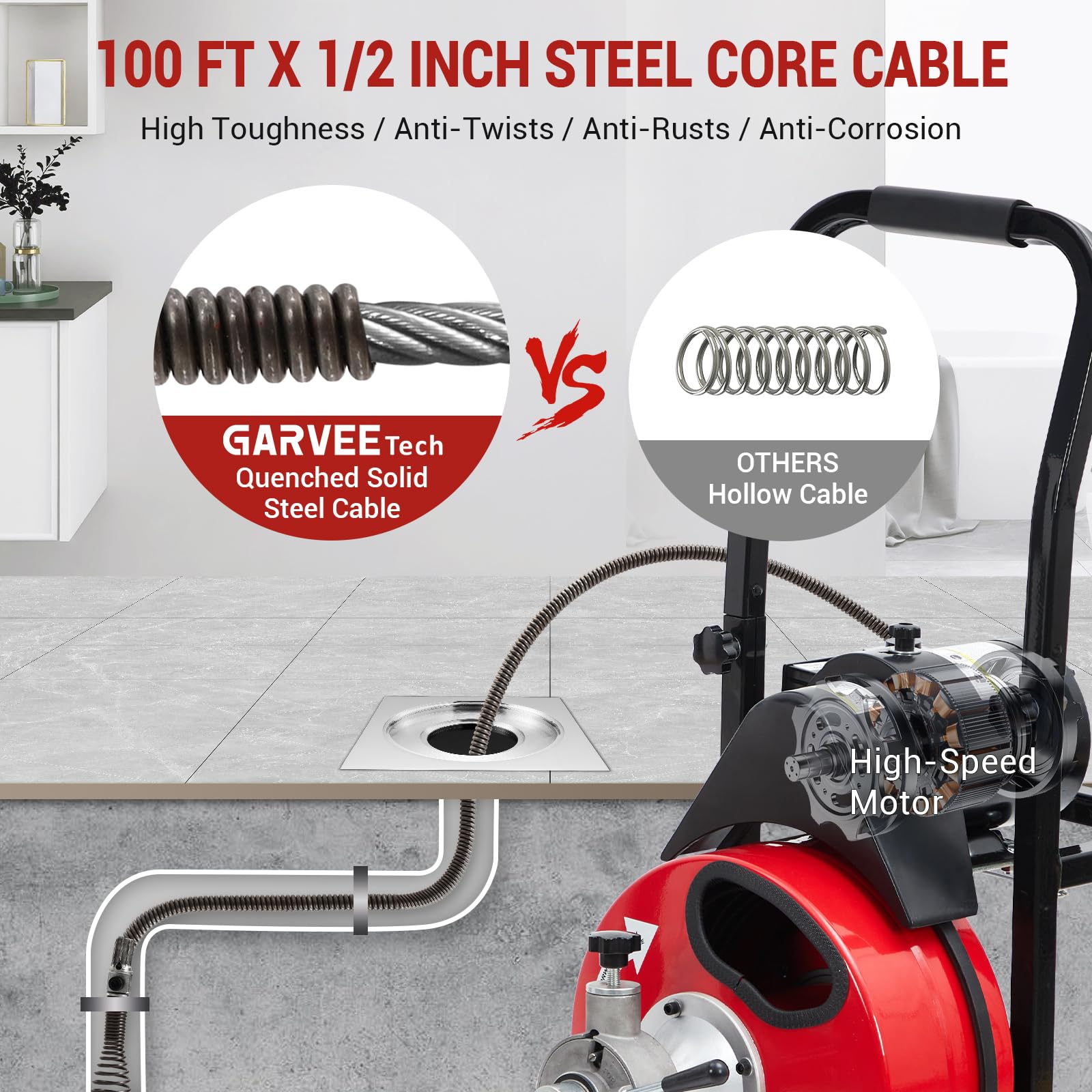 Garvee Auto Feed 100 FT x 1/2 Inch Drain Cleaner Machine with 370W Motor, Portable Sewer Snake Auger with 8 Cutters & Air-activated Foot Switch, Fits 1" to 4" Pipes, Black & Red