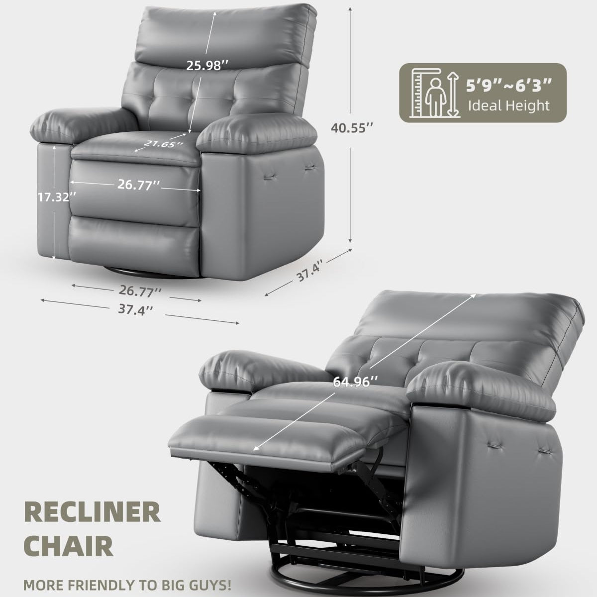 Garvee Oversized Recliner Chairs with Heat and Massage - 360° Swivel Lazy Boy Recliner Chair for Adults- Manual Rocking Chair with Cup Holder for Living Rooms, Bedrooms, and Nurseries - Grey