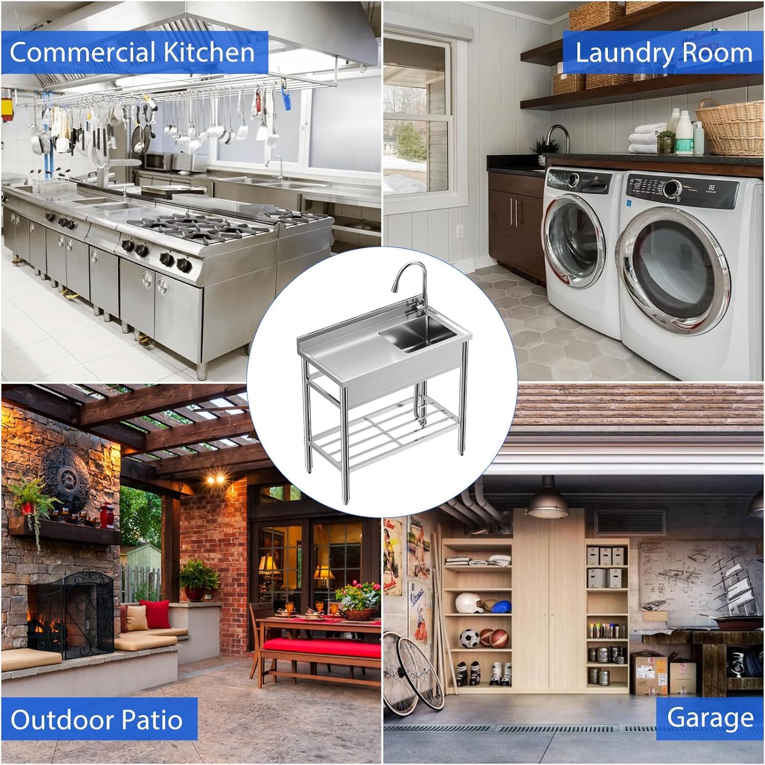 Garvee 23"D x 20"W x 35"H Stainless Steel Utility Sink - Freestanding Single Bowl with Hot & Cold Water Pipe for Restaurant, Laundry, Bathroom, Garage, Farmhouse