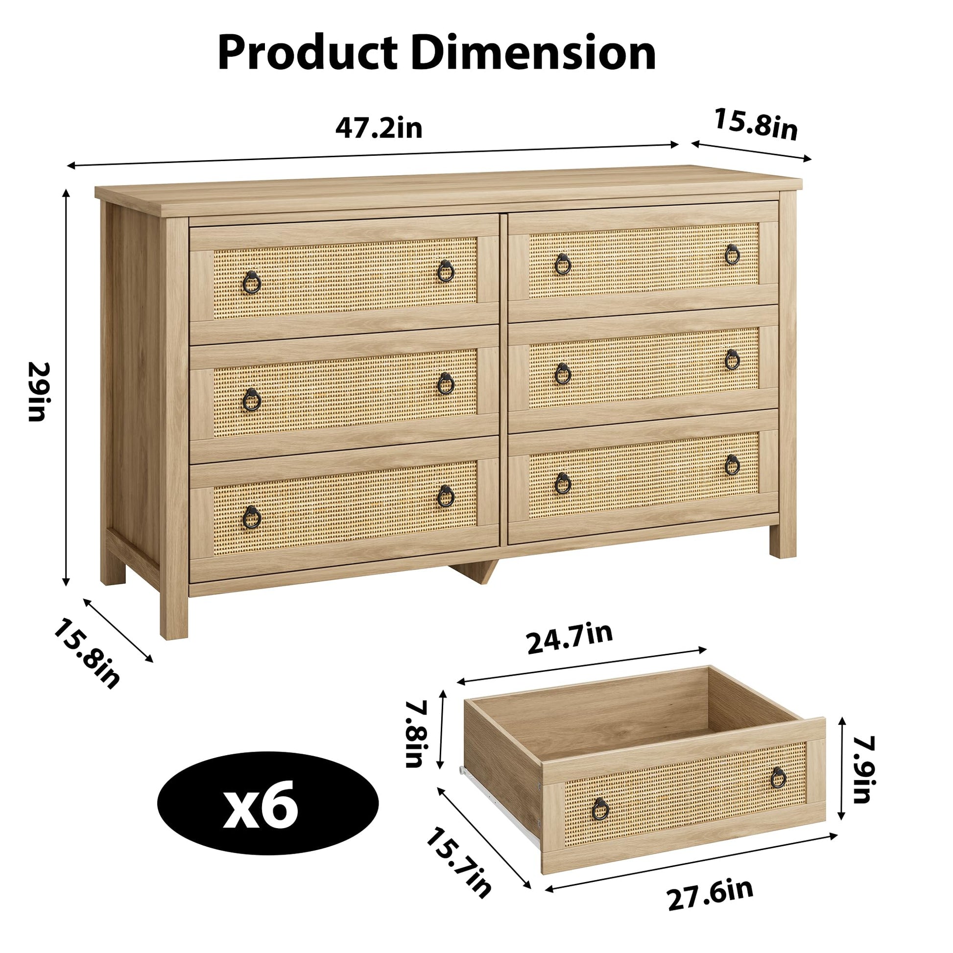 Garvee Rattan 6 Dresser for Bedroom, 47.2" Wide Dresser, Boho Wide Drawer Dresser with Storage, Wooden Closet Dressers Chest of Drawers Freestanding for Bedroom, Nursery, Living Room, Natural