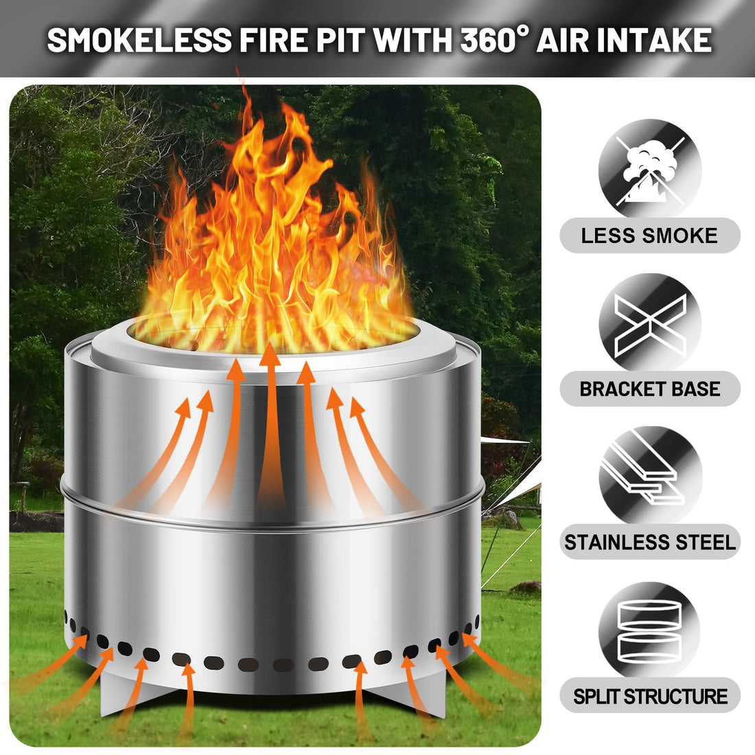 Garvee 20" Portable Smokeless Wood Burning Firepit with Stand Stainless Steel Bonfire Fire Pit for Camping & Picnic, Carry Bag, Split Structure
