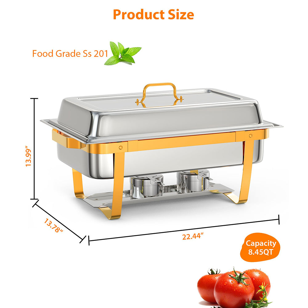 Garvee 8QT Chafing Dish Buffet Set (6-Pack) - Foldable Food Warmers with Spoons & Tweezers for Weddings, Parties, Banquets, and Catering Events (Gold)