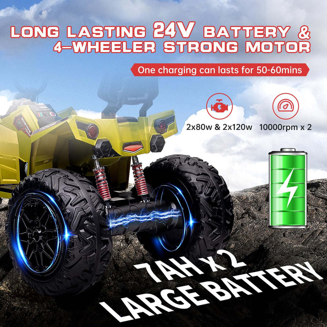 Garvee Ride - P Series: 24V Kids ATV, Ride on Car 4WD Quad Electric Vehicle, 4x80W Powerful Engine, with 7AHx2 Large Battery, Accelerator Handle, EVA Tire, Full Metal Suspension, LED Light, Bluetooth&Music - Green