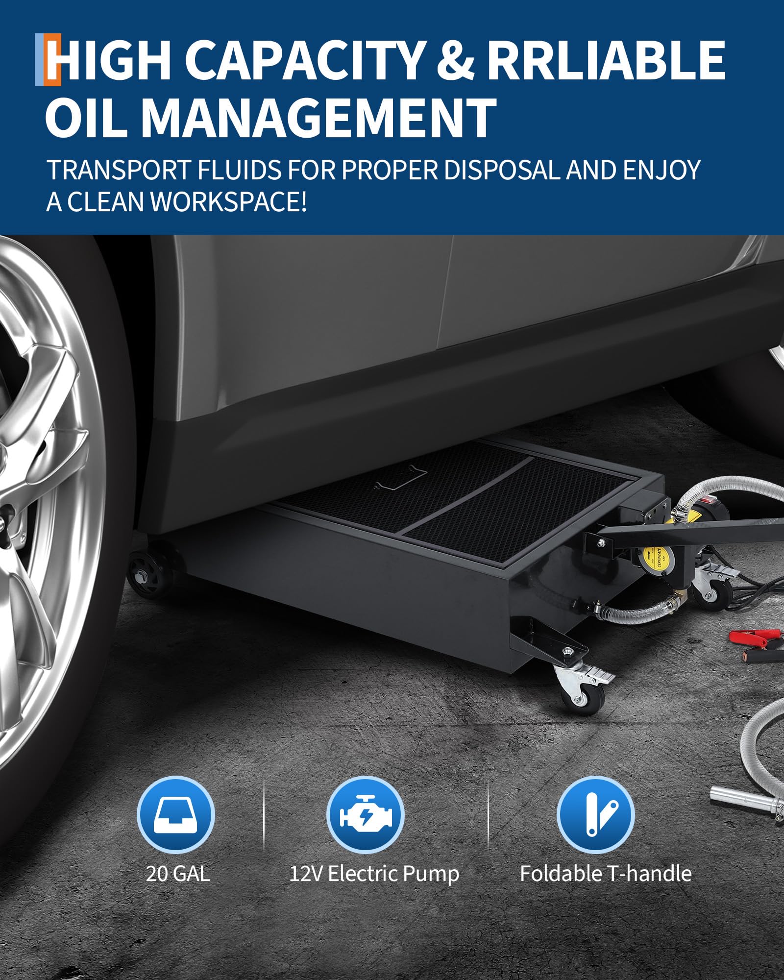 Garvee 20GAL Oil Drain Pan with 12V 180W Electric Pump, Metal Cart, 8FT Hose, Folding Handle, Wheels, for Cars SUVs Trucks Buses RVs, Black