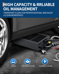 Garvee 20GAL Oil Drain Pan with 12V 180W Electric Pump, Metal Cart, 8FT Hose, Folding Handle, Wheels, for Cars SUVs Trucks Buses RVs, Black