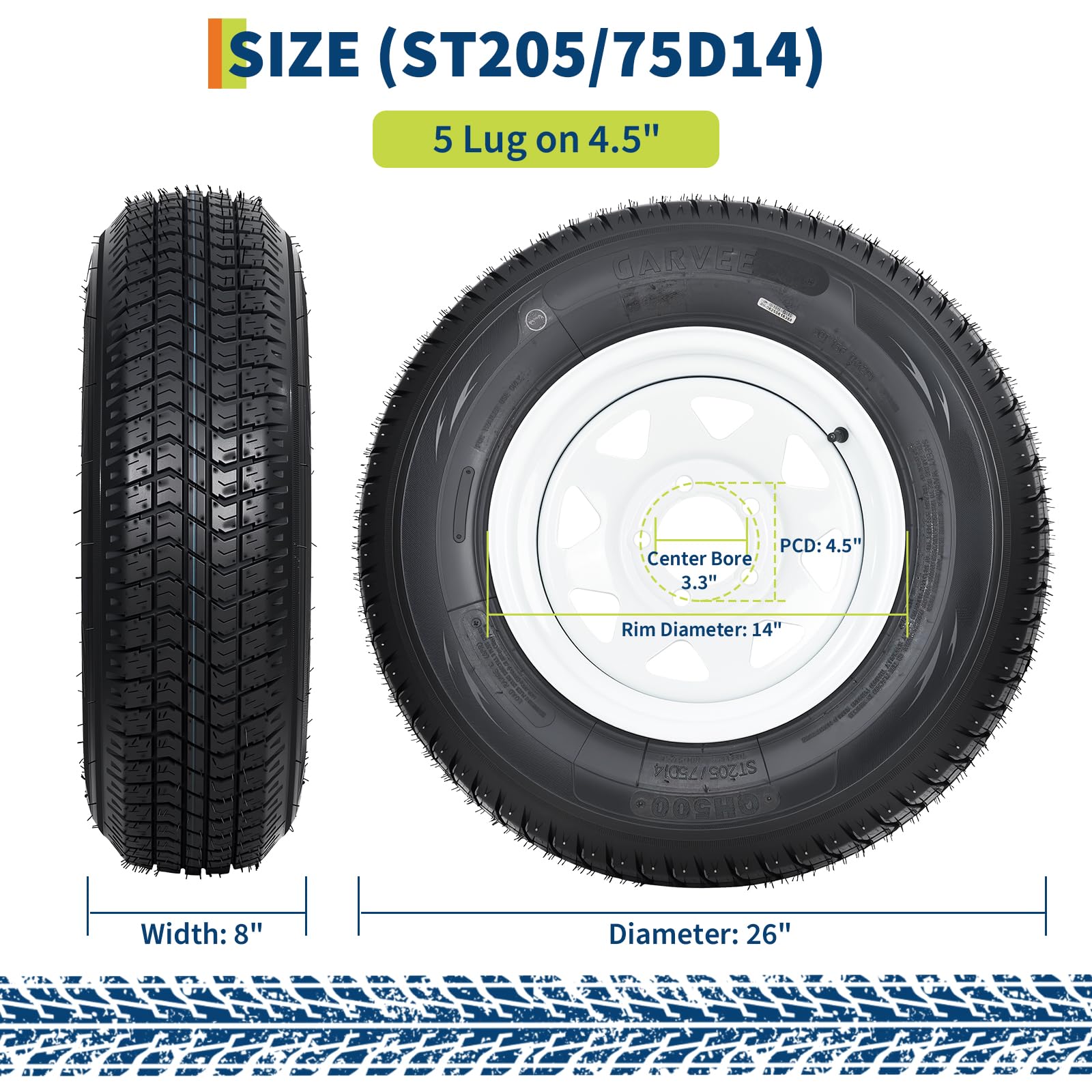 Garvee ST205/75D14 Trailer Tire and Wheel Assembly, Heavy-Duty Load Range C 6PR, 5 Lug White Modular Wheel, 14 Inch Tires for Utility and Boat Trailers, Set of 2
