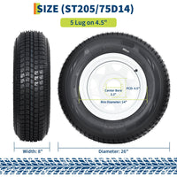 Garvee ST205/75D14 Trailer Tire and Wheel Assembly, Heavy-Duty Load Range C 6PR, 5 Lug White Modular Wheel, 14 Inch Tires for Utility and Boat Trailers, Set of 2